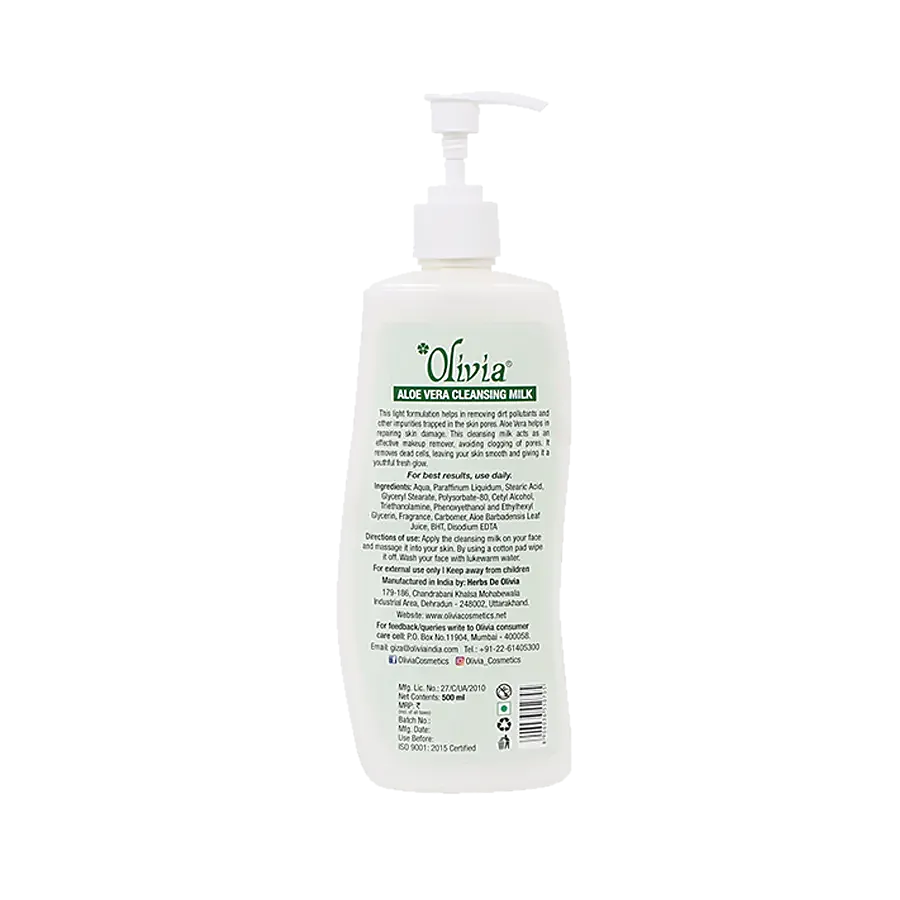 Olivia Natural Skin Care Aloevera Cleansing Milk - Premium Refreshing Leaves, 500 ml