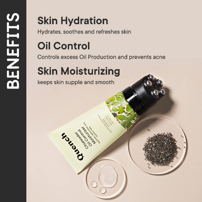 Quench Chialeader Oil Control Korean Moisturizer with Relaxing Roller Ball Applicator | Controls Excess Oil Production| Made in Korea | Non-Greasy Moisturizer for Oily Skin| with Chia Seeds, Cactus Water and Rose Myrtle| Face Cream| 75ml