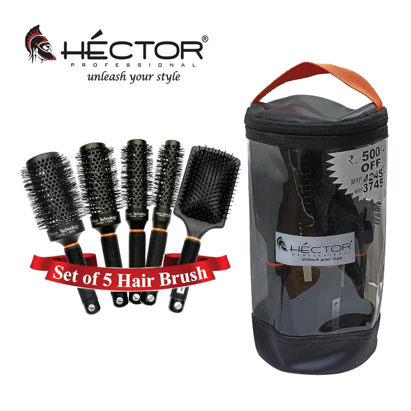 Hector Professional Heat-Resistant Nylon Bristles Brush Set (Set of 5) | Anti-Static Technology | Salon & Home Use