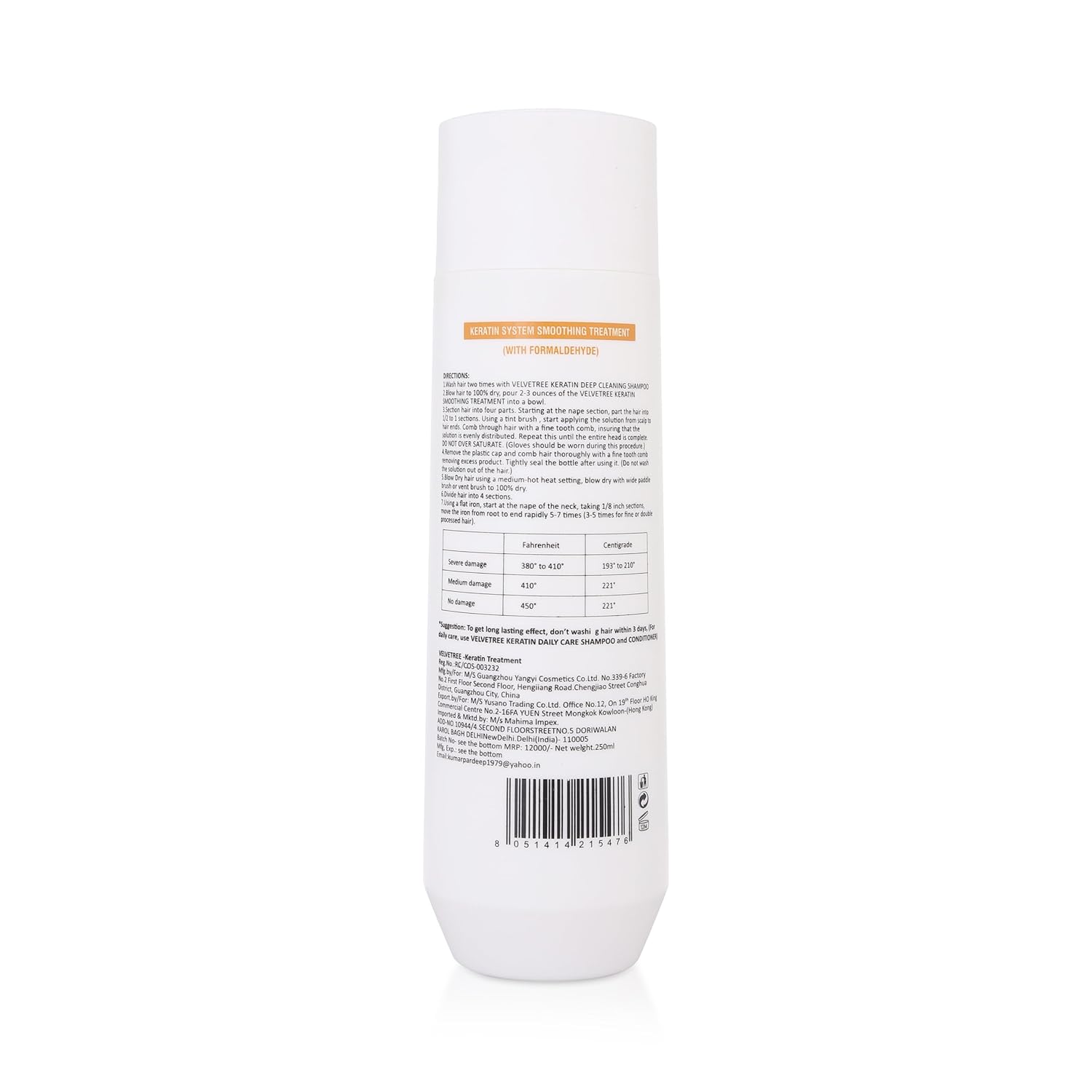 Velvetree Men & Women Natural Keratin Smoothing Treatment For Frizzy Damaged All Type Hair - 250ml
