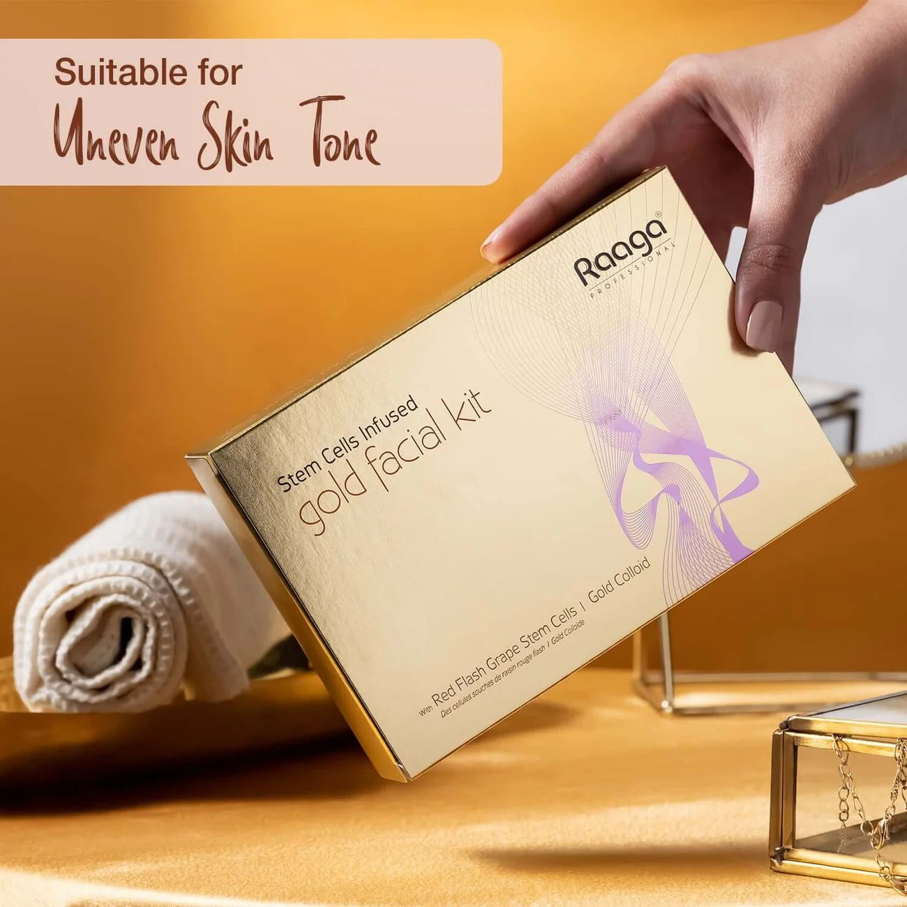 Raaga Professional Stem Cells Infused Gold Facial Kit – 6 Step Advanced Brightening Facial with Colloidal Gold & Red Flash Grape Stem Cells | Reduces Pigmentation & Boosts Radiance – 61 gm