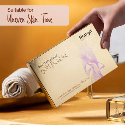Raaga Professional Stem Cells Infused Gold Facial Kit – 6 Step Advanced Brightening Facial with Colloidal Gold & Red Flash Grape Stem Cells | Reduces Pigmentation & Boosts Radiance – 61 gm