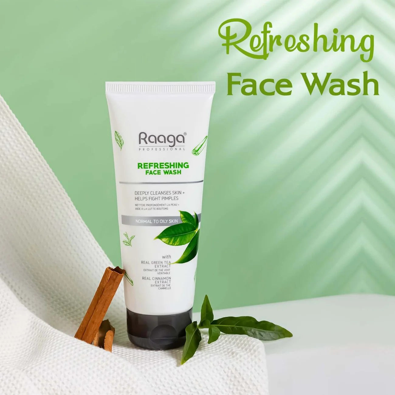 Raaga Professional Refreshing Face Wash with Green Tea & Cinnamon Extract – For Normal to Oily Skin | Fights Pimples & Deeply Cleanses – 80 ml