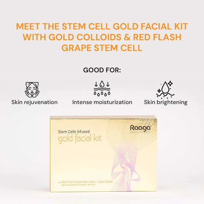 Raaga Professional Stem Cells Infused Gold Facial Kit – 6 Step Advanced Brightening Facial with Colloidal Gold & Red Flash Grape Stem Cells | Reduces Pigmentation & Boosts Radiance – 61 gm
