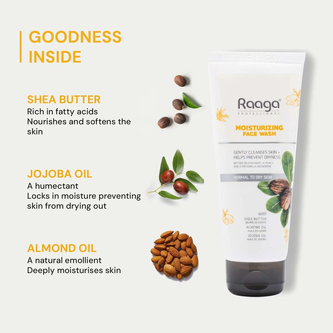 Raaga Professional Moisturizing Face Wash with Shea Butter, Almond Oil & Jojoba Oil – For Normal to Dry Skin | Gently Cleanses & Prevents Dryness – 80 ml