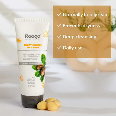 Raaga Professional Moisturizing Face Wash with Shea Butter, Almond Oil & Jojoba Oil – For Normal to Dry Skin | Gently Cleanses & Prevents Dryness – 80 ml