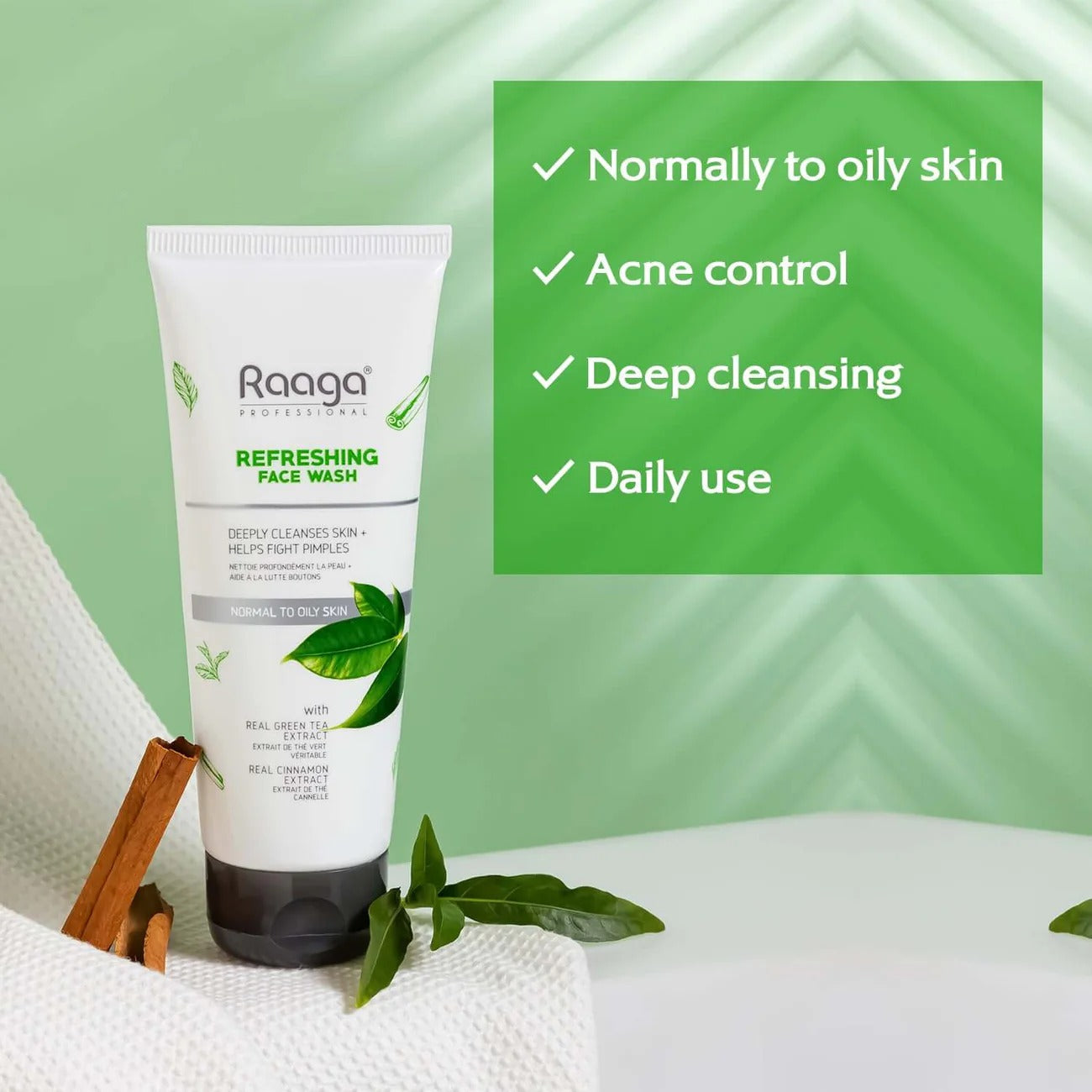 Raaga Professional Refreshing Face Wash with Green Tea & Cinnamon Extract – For Normal to Oily Skin | Fights Pimples & Deeply Cleanses – 80 ml
