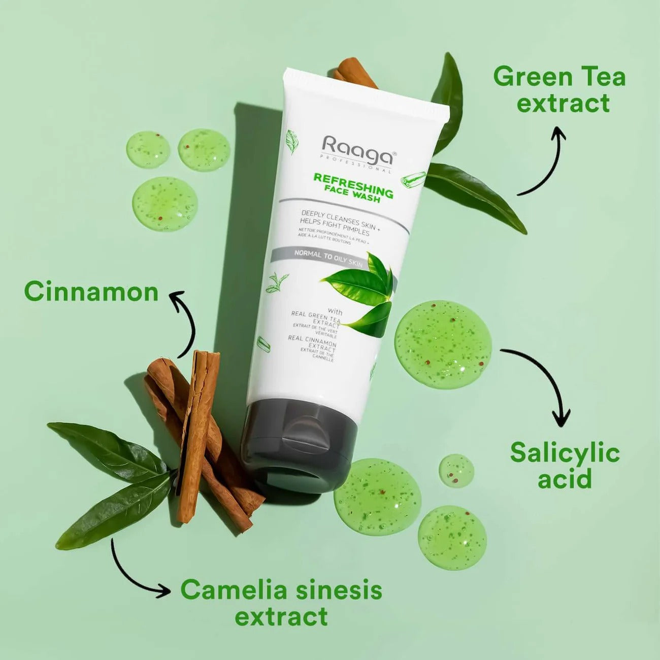 Raaga Professional Refreshing Face Wash with Green Tea & Cinnamon Extract – For Normal to Oily Skin | Fights Pimples & Deeply Cleanses – 80 ml