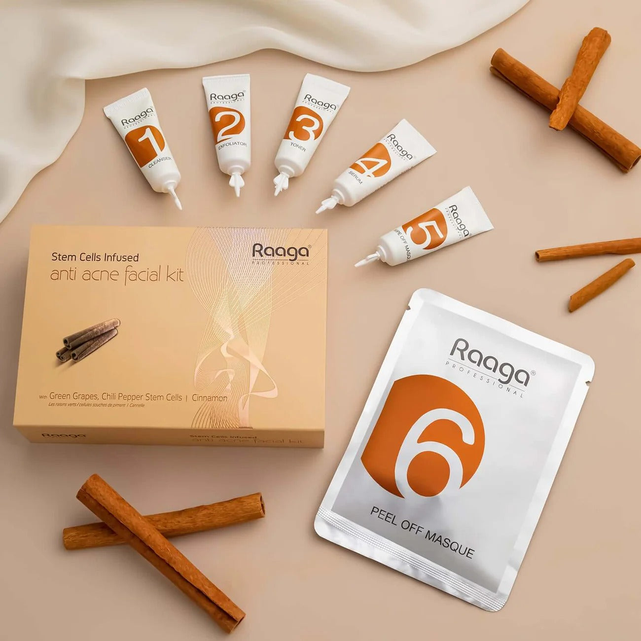 Raaga Professional Anti-Acne Stem Cells Facial Kit – 6 Step Advanced Treatment with Cinnamon, Green Grape & Chilli Pepper Stem Cells | Fights Inflammation & Clears Acne – 61 gm