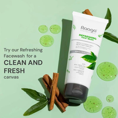 Raaga Professional Refreshing Face Wash with Green Tea & Cinnamon Extract – For Normal to Oily Skin | Fights Pimples & Deeply Cleanses – 80 ml