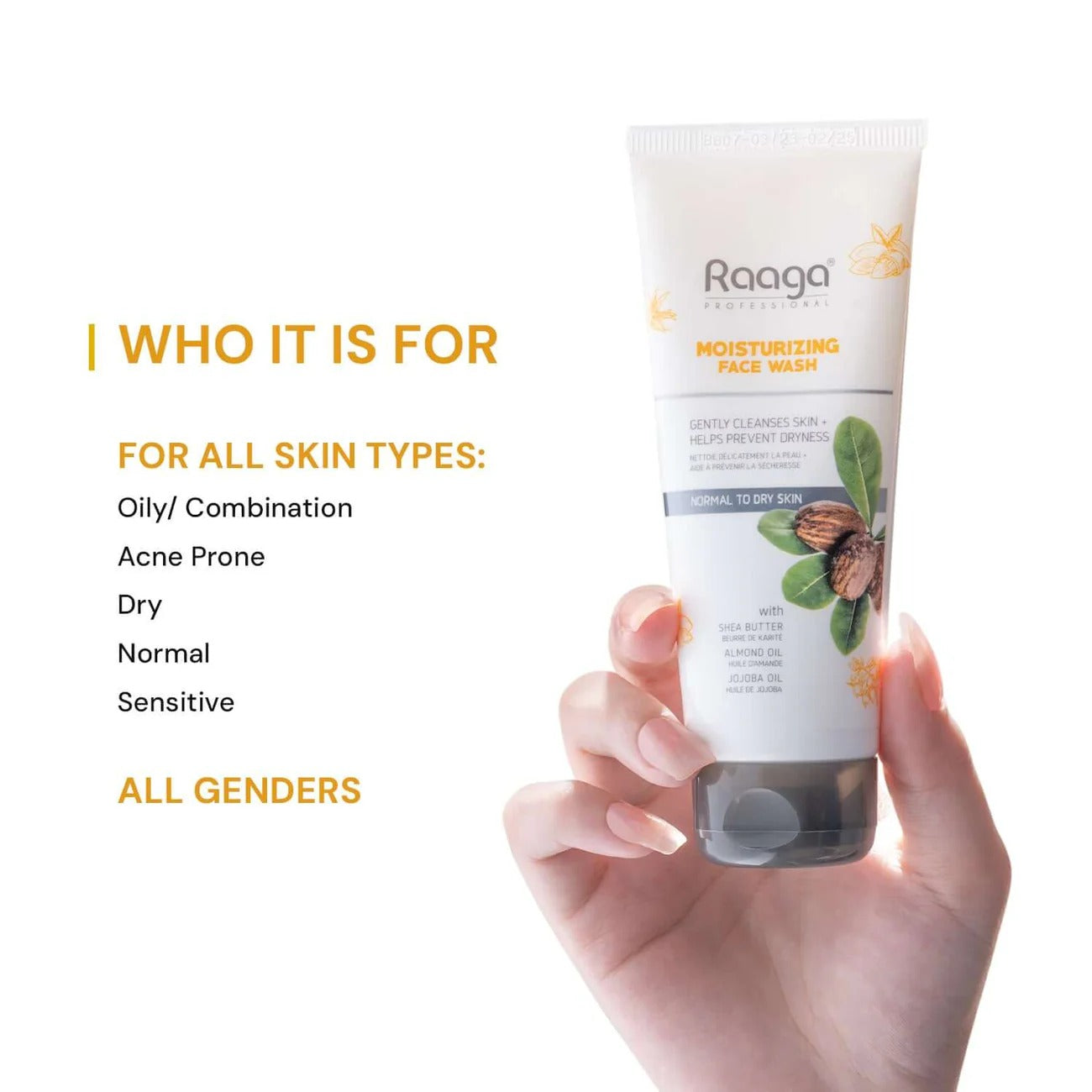 Raaga Professional Moisturizing Face Wash with Shea Butter, Almond Oil & Jojoba Oil – For Normal to Dry Skin | Gently Cleanses & Prevents Dryness – 80 ml