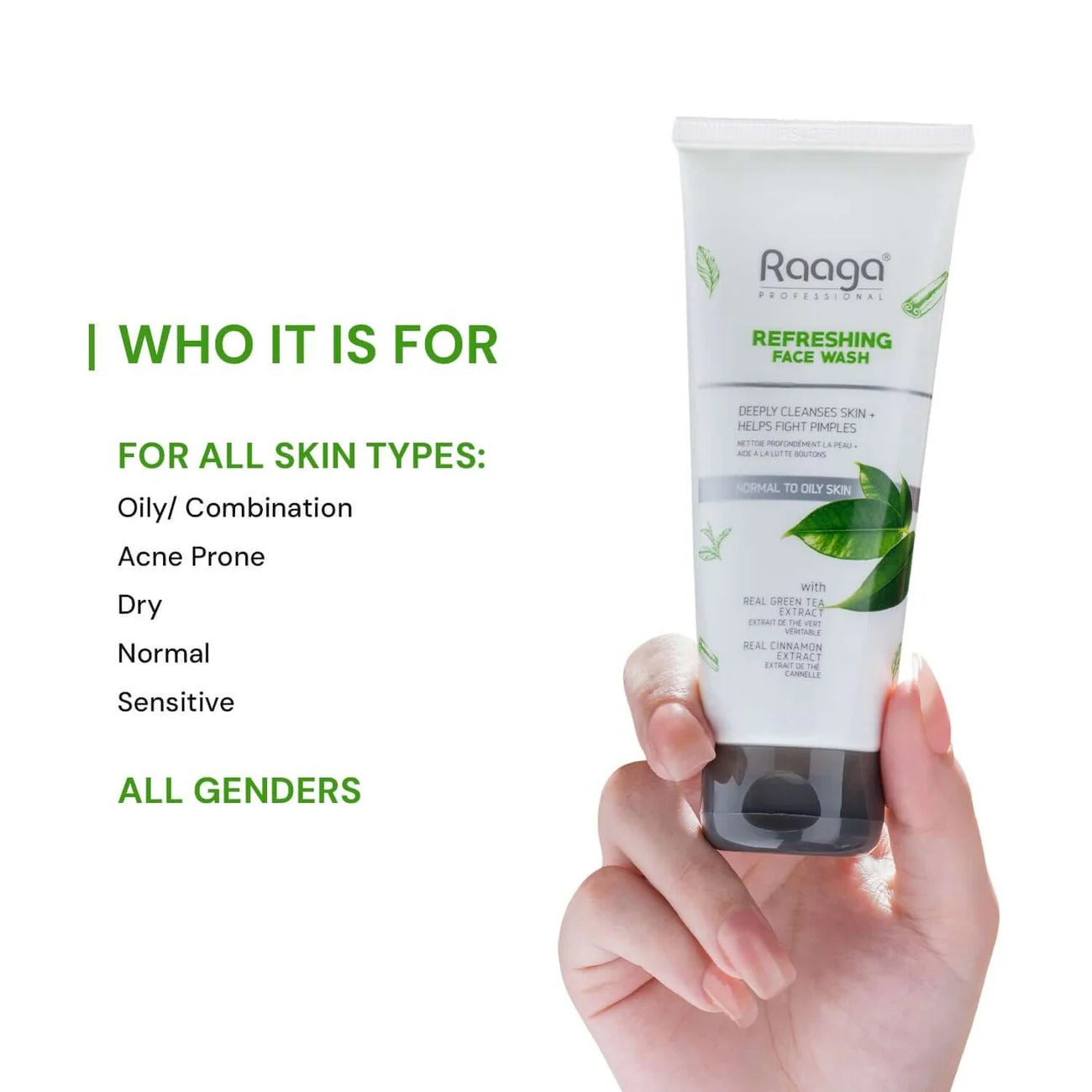 Raaga Professional Refreshing Face Wash with Green Tea & Cinnamon Extract – For Normal to Oily Skin | Fights Pimples & Deeply Cleanses – 80 ml