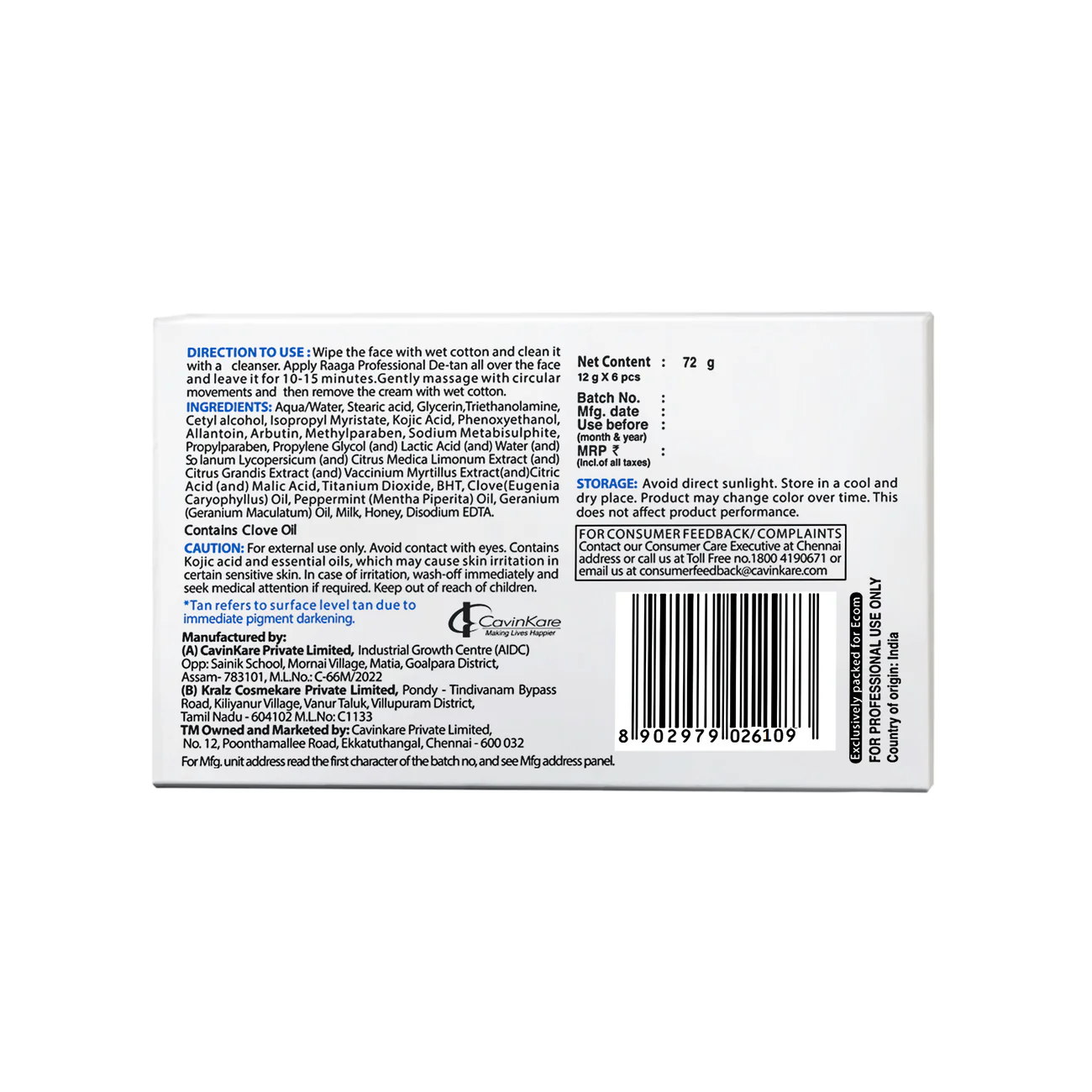 Raaga Professional De-Tan Pack | Face & Full Body Tan Removal Cream – 72g